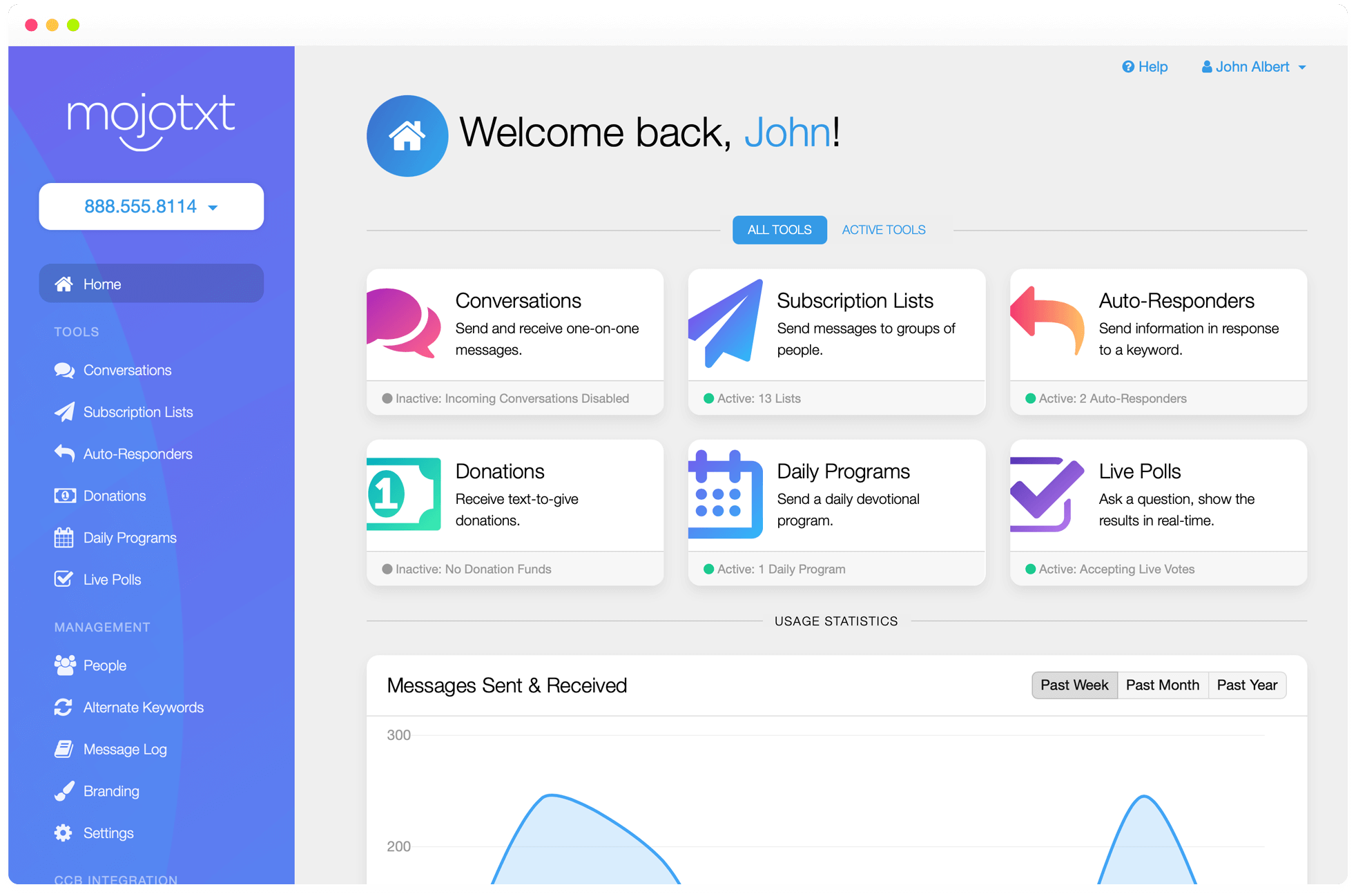 A screenshot of the MojoTxt church texting app